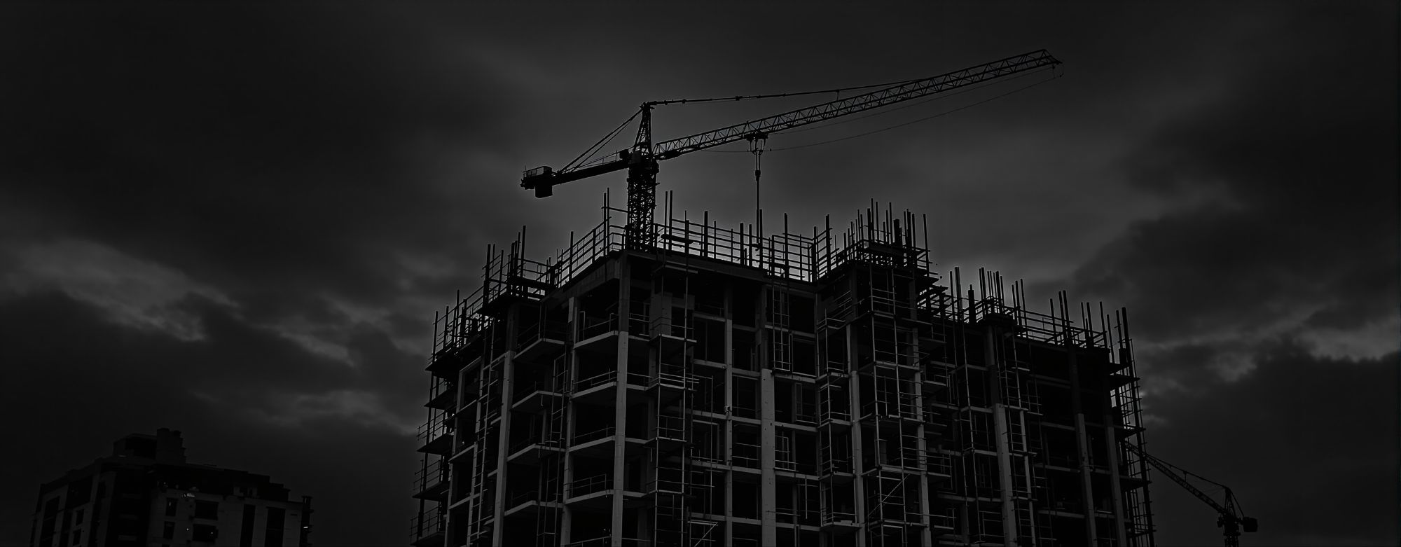 Estructura de un edificio de viviendas en construcción al anochecer, con la
        silueta de una grúa torre recortada contra el cielo.